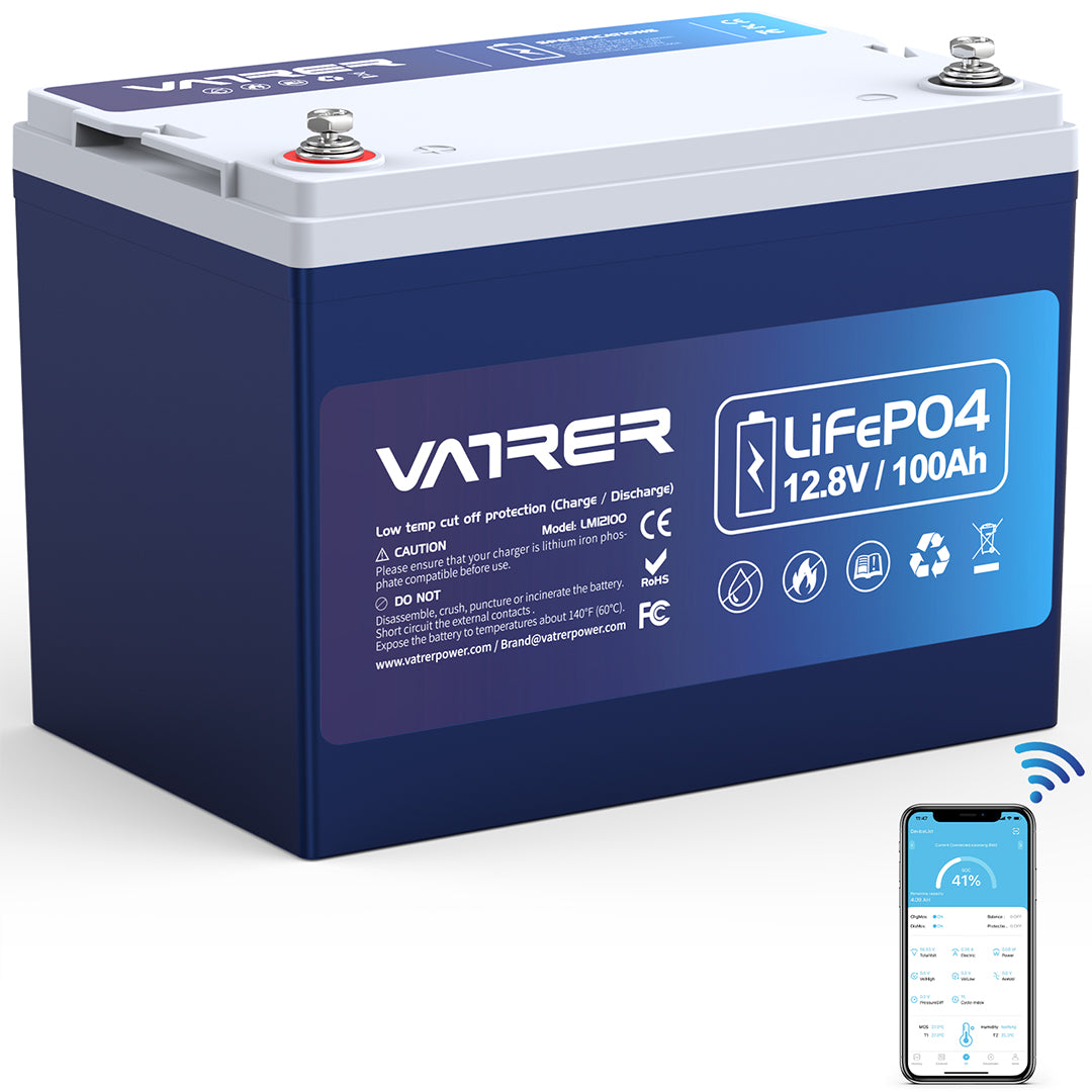 <tc>Vatrer</tc> 12 V 100 Ah (Gruppe 24), verbesserte LiFePO4-Batterie mit Niedertemperaturabschaltung – Bluetooth-Version 8