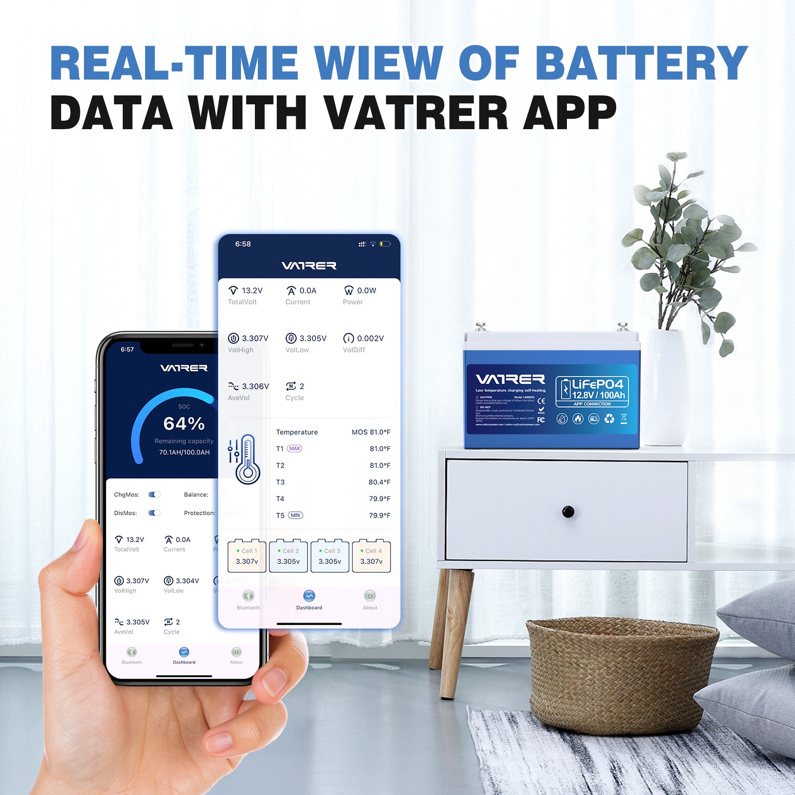 Vatrer 12V 100AH LiFePO4 Self-Heating Lithium Battery with Bluetooth CA 13