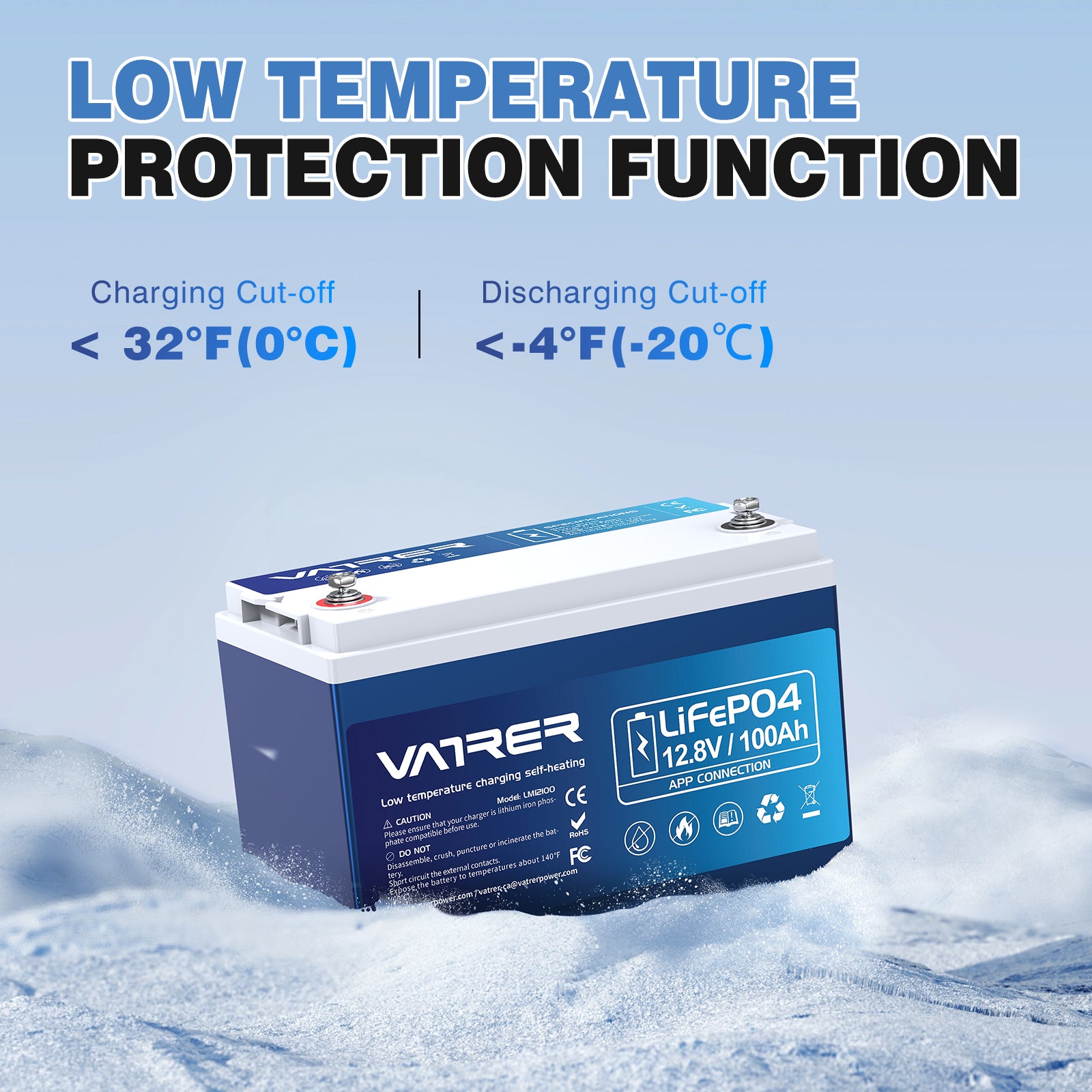 Vatrer 12V 100AH LiFePO4 Self-Heating Lithium Battery with Bluetooth CA 13