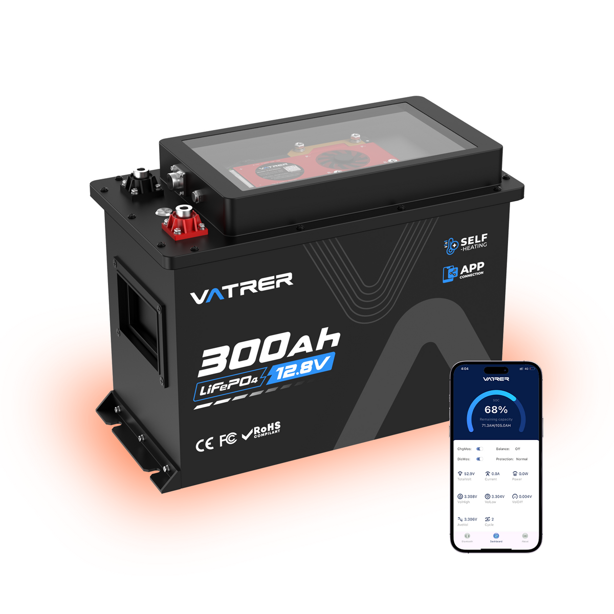 Vatrer 12V 300Ah RV Lithium Battery With Self-heating Function, 300A BMS with Metal Casing & Cooling Fan, 3kWh Deep Cycle Battery 11