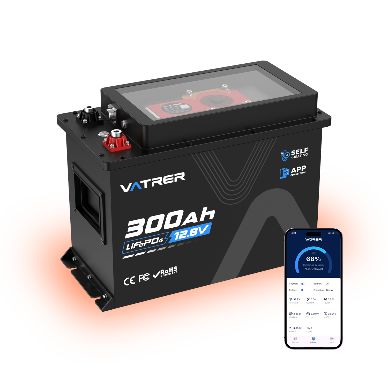 Vatrer 12V 300Ah RV Lithium Battery With Self-heating Function, 300A BMS with Metal Casing & Cooling Fan, 3kWh Deep Cycle Battery 12