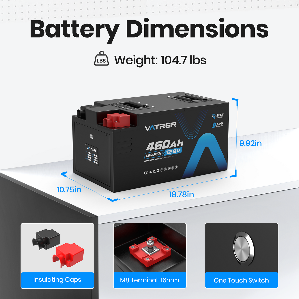 Vatrer 12V 460Ah Self-heating Lithium RV Battery, 5kWh 300A BMS Heated Battery 11