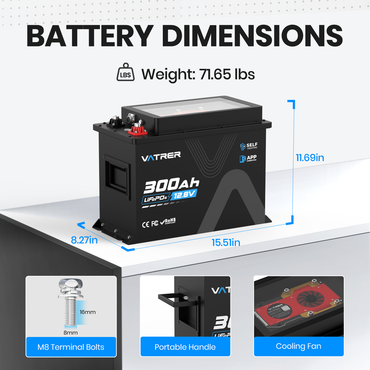 Vatrer 12V 300Ah RV Lithium Battery With Self-heating Function, 300A BMS with Metal Casing & Cooling Fan, 3kWh Deep Cycle Battery 11