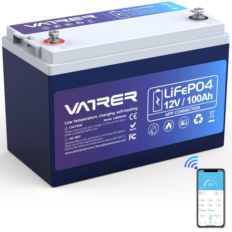Vatrer 12V 100AH LiFePO4 Lithium Battery with APP Monitoring & Self -He-Vatrer