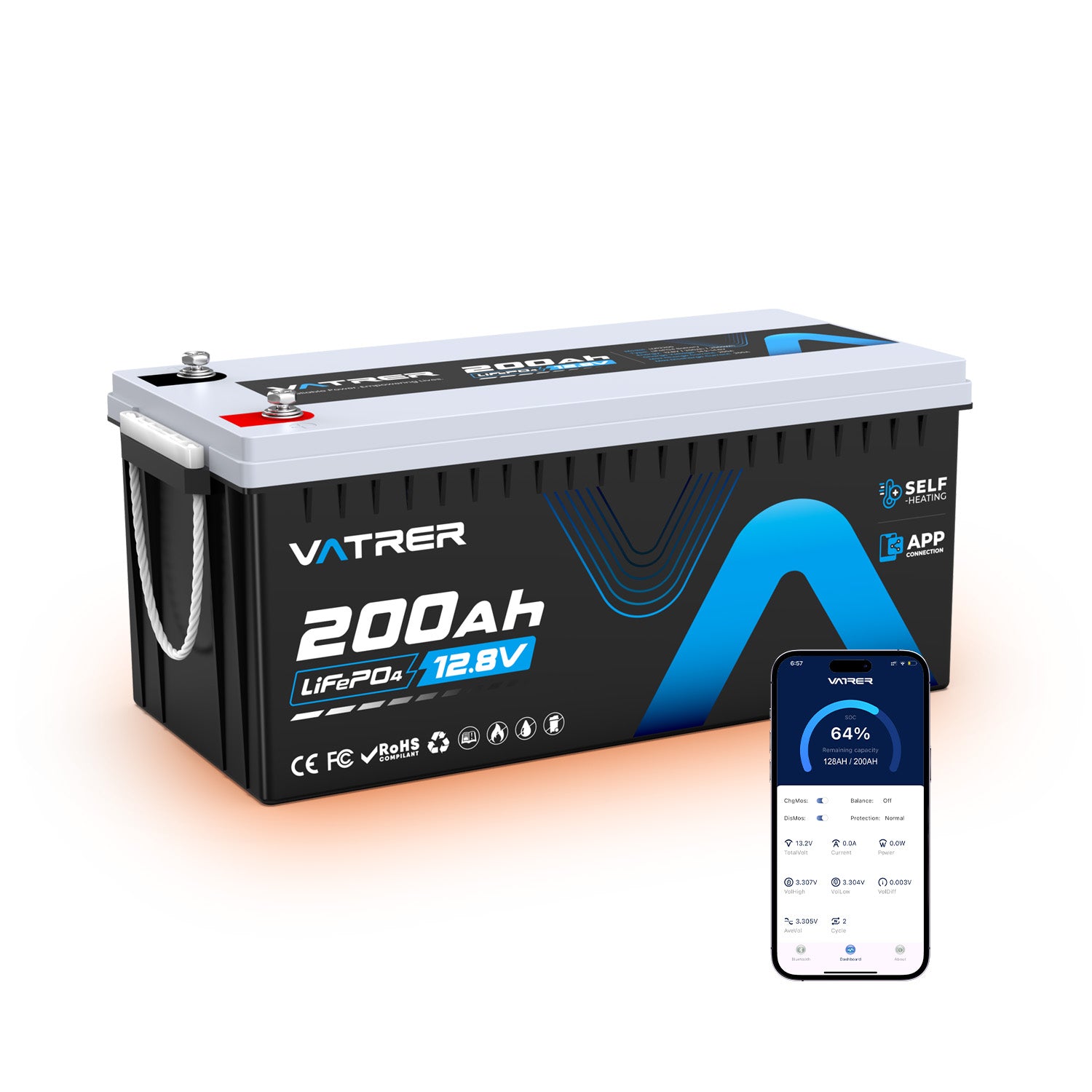 Vatrer 12V 200Ah Bluetooth LiFePO4 Self-Heating Lithium Battery 200A BMS EU 12