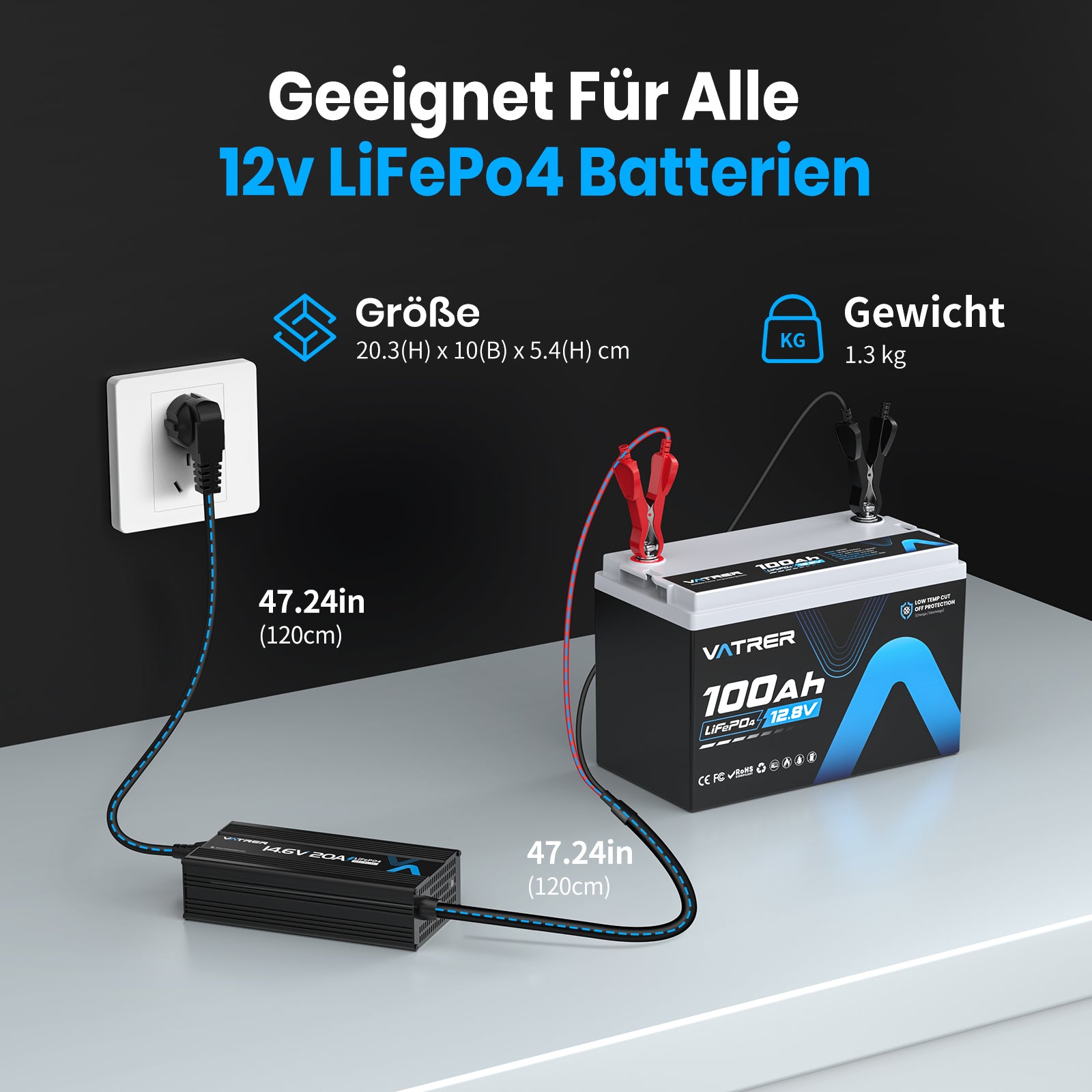 Vatrer 14,6 V 20 A Intelligentes AC-DC 12 V Lithium-Eisenphosphat-Akkuladegerät EU 13