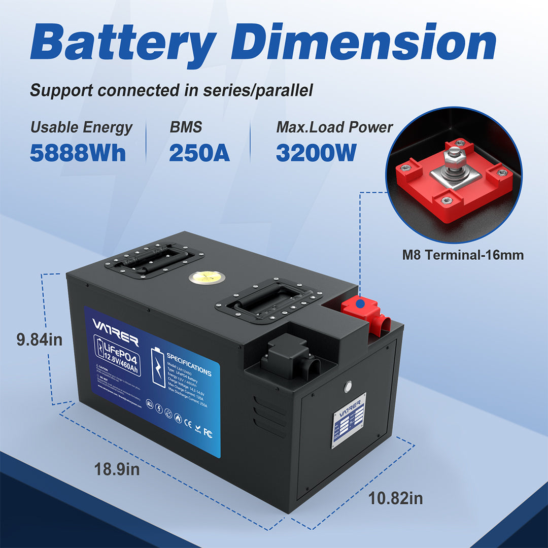 Vatler 12V 460AH 低温カットオフ LiFePO4 RV バッテリー、250A BMS 内蔵、最大 3200W 電力出力 -  Bluetooth RV バージョン