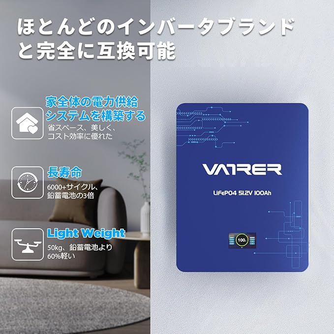 Vatrer 51.2V 100Ah 壁掛けリチウムソーラーバッテリー JP 4