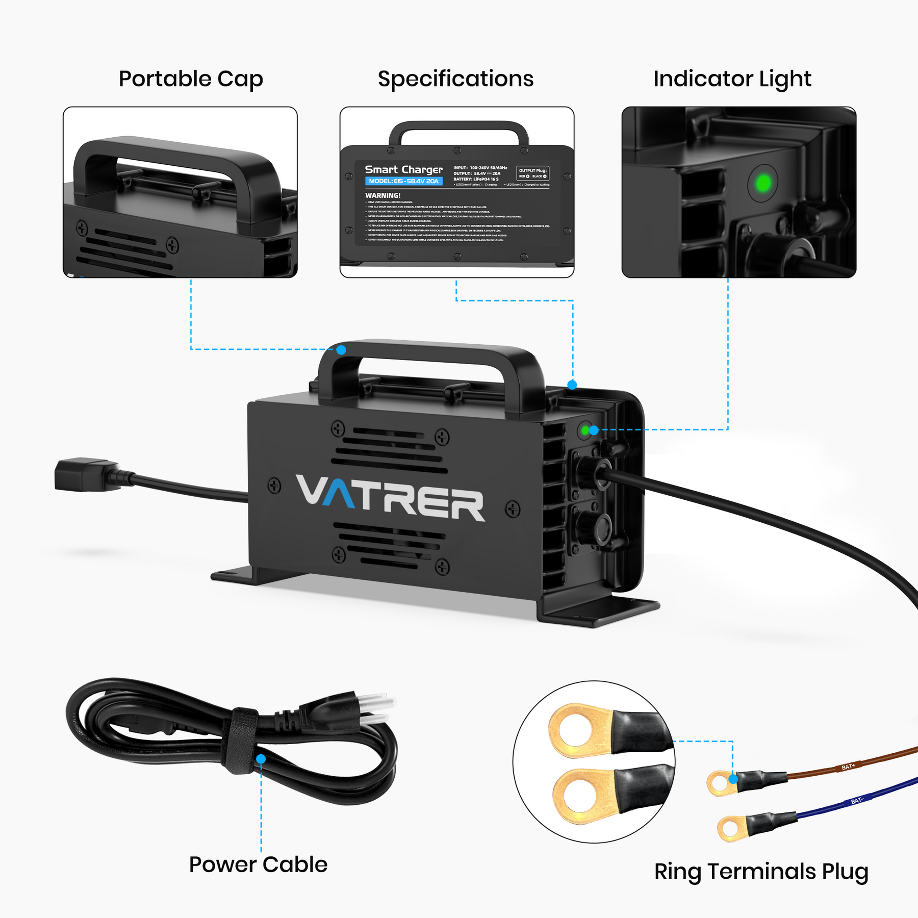 58.4V 20A Smart AC-DC 48V Golf Cart Lithium Battery Charger CA 15