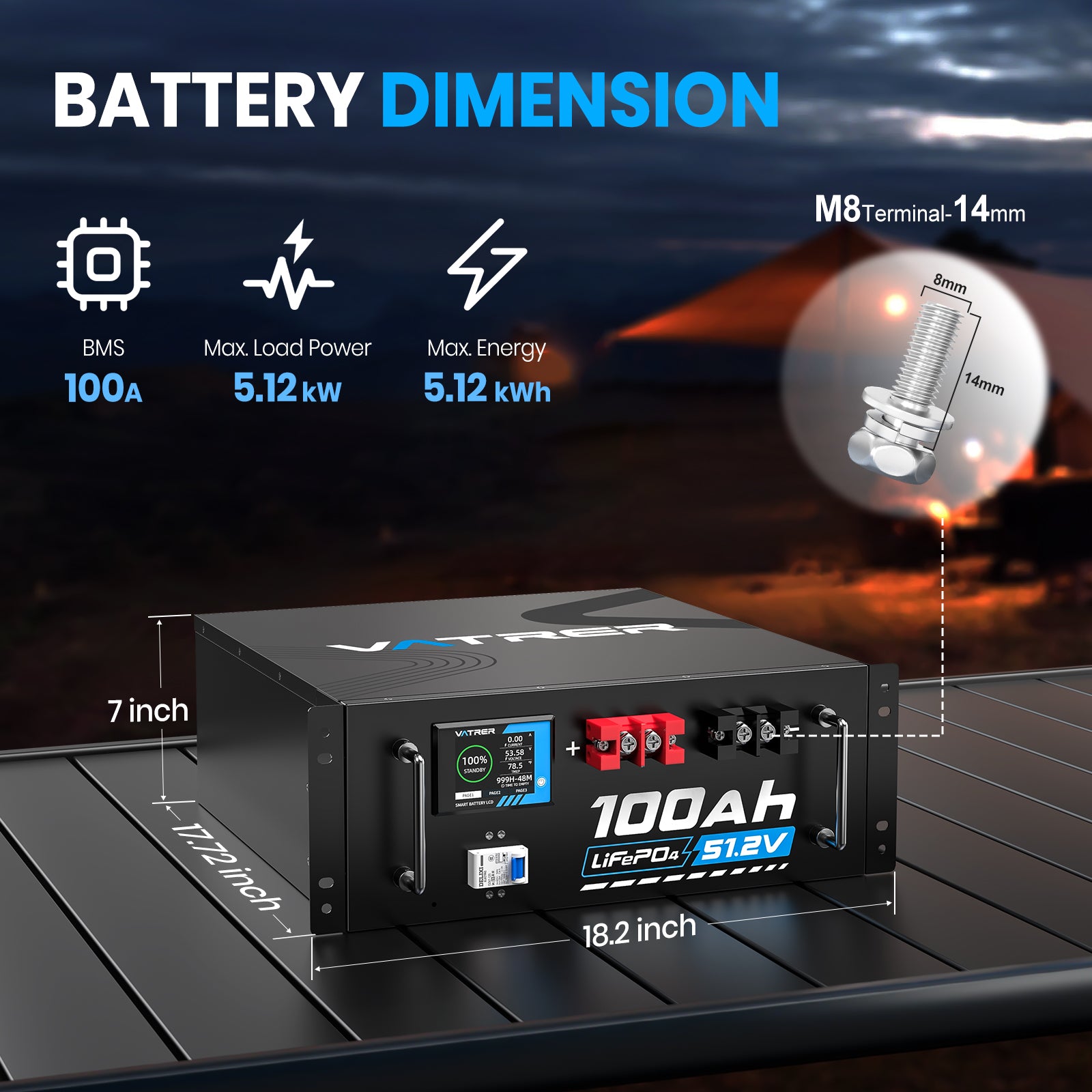 Vatrer 48V(51.2V) 100Ah LiFePO4 Lithium Solar Battery, 5kWh Battery, Max. 5120W Load Power, Bluetooth Version 13