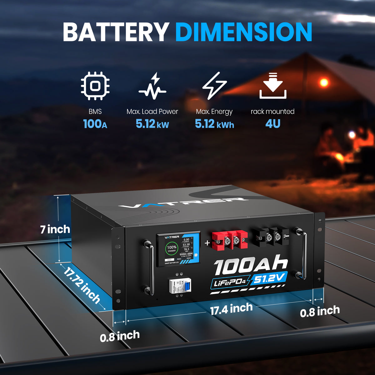 Vatrer 48V(51.2V) 100Ah LiFePO4 Lithium Solar Battery, 5kWh Battery, Max. 5120W Load Power, Bluetooth Version 11