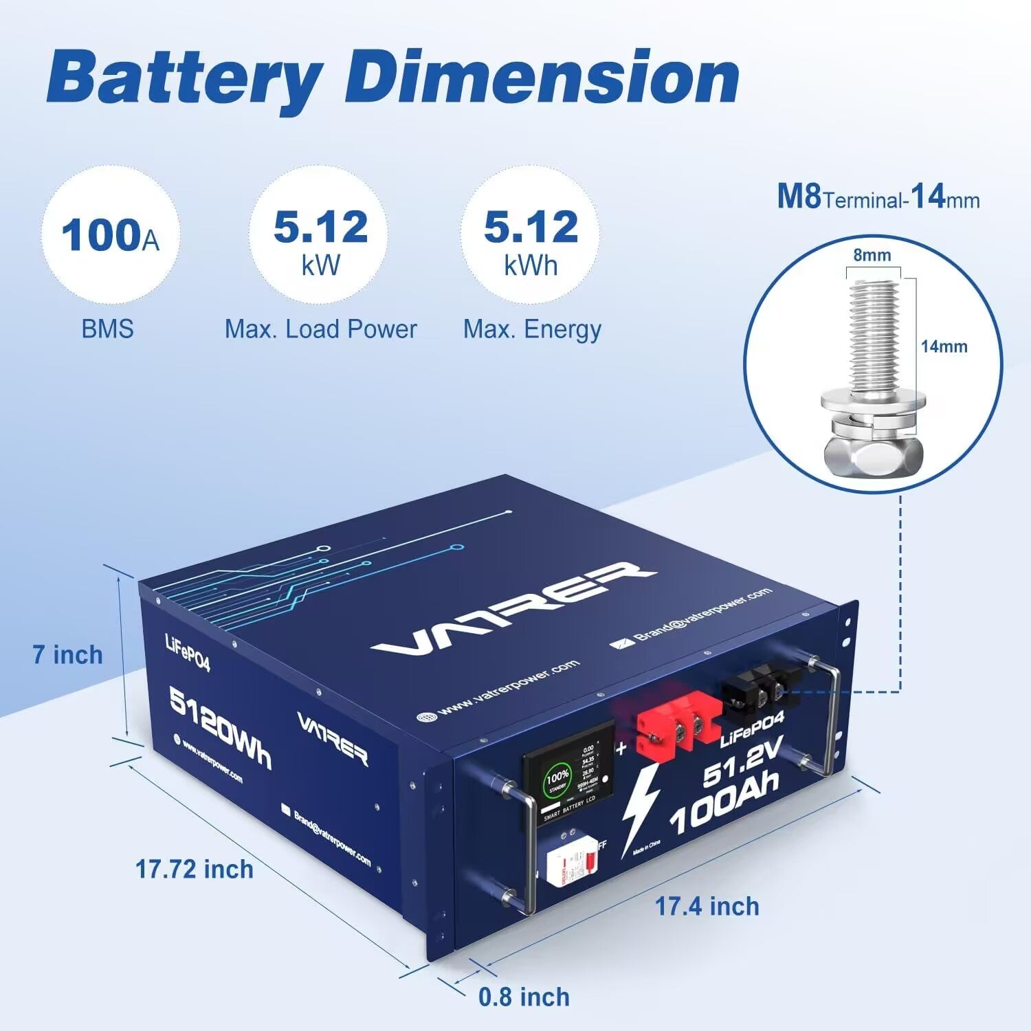 <tc>Vatrer</tc> 51,2 V 100 Ah LiFePO4 Lithium-Solarbatterie, integriertes 100 A BMS, max. 5120 W Ladeleistung, Bluetooth-Version 12