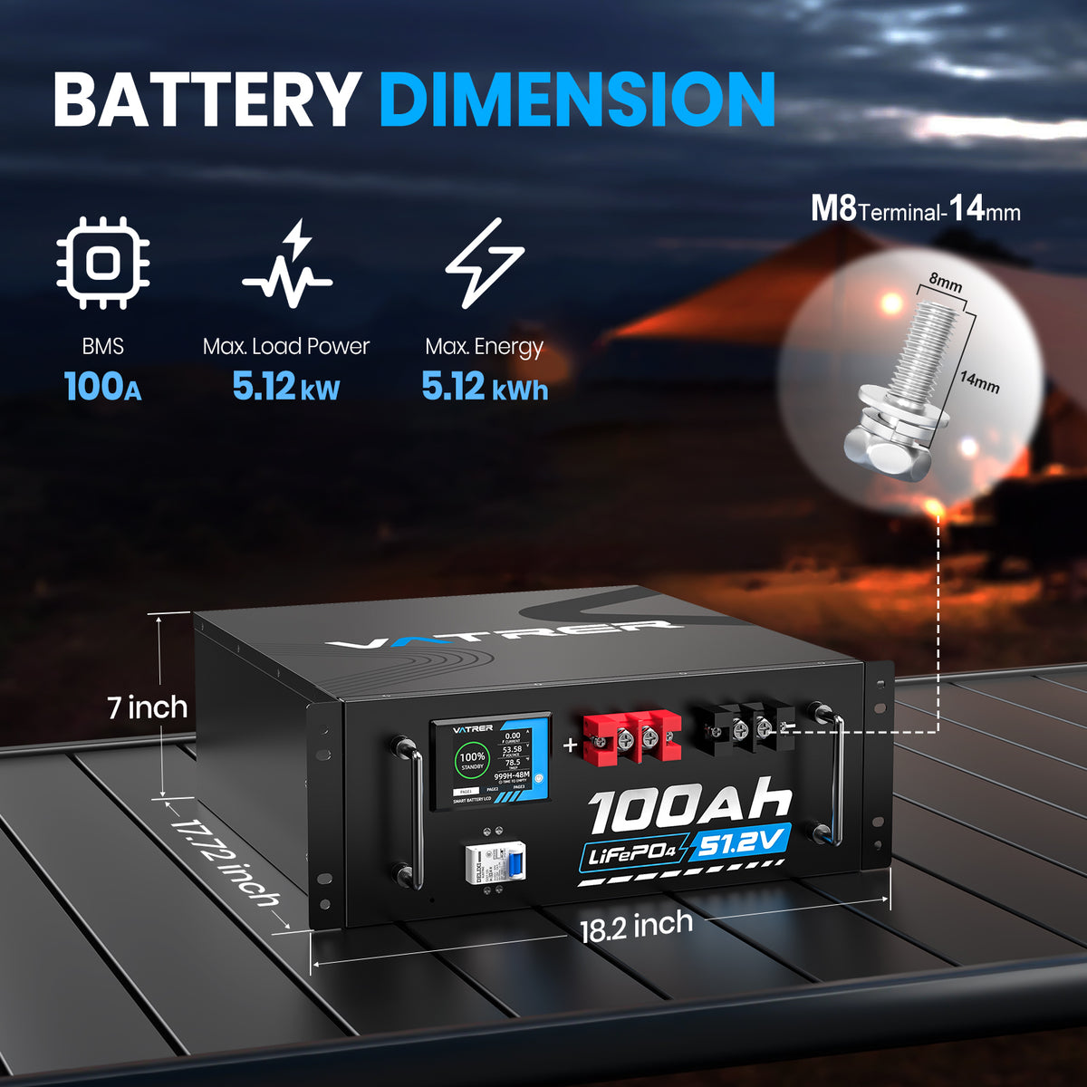 Vatrer 51.2V 100Ah LiFePO4 Lithium Solar Battery, Built-In 100A BMS, Max. 5120W Load Power, Bluetooth Version CA 11