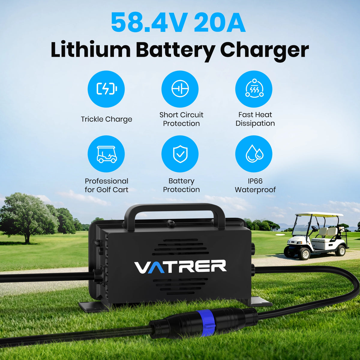 Vatrer 58.4V 20A Intelligent AC-DC  48V Golf Cart  LiFePO4 Battery Charger 11