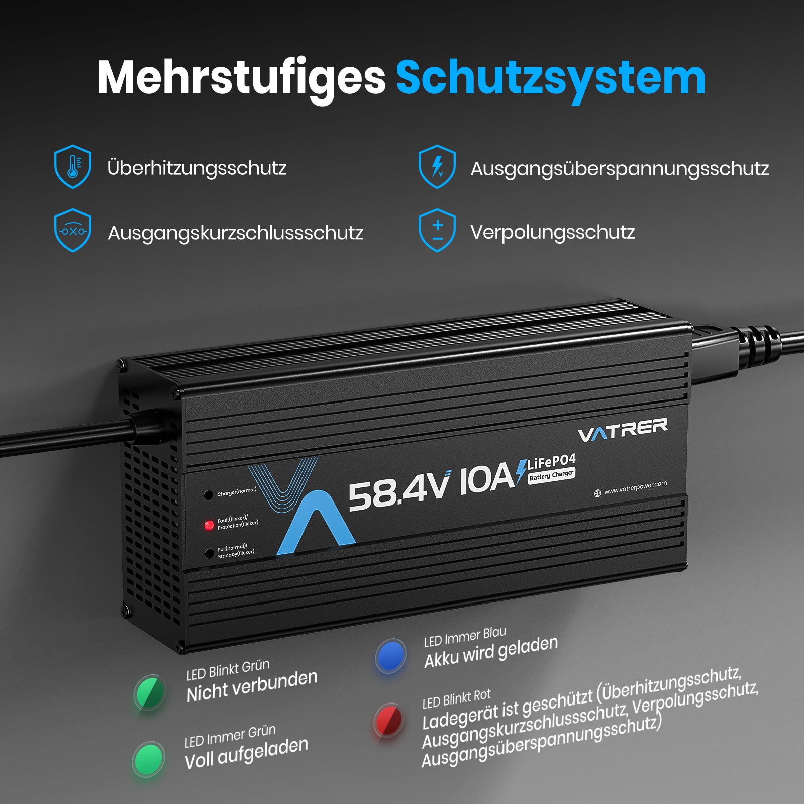 Vatrer 48-V-Lithium-Batterieladegerät, 58,4 V 10 A AC-DC LiFePO4 Smart-Batterieladegerät EU 13