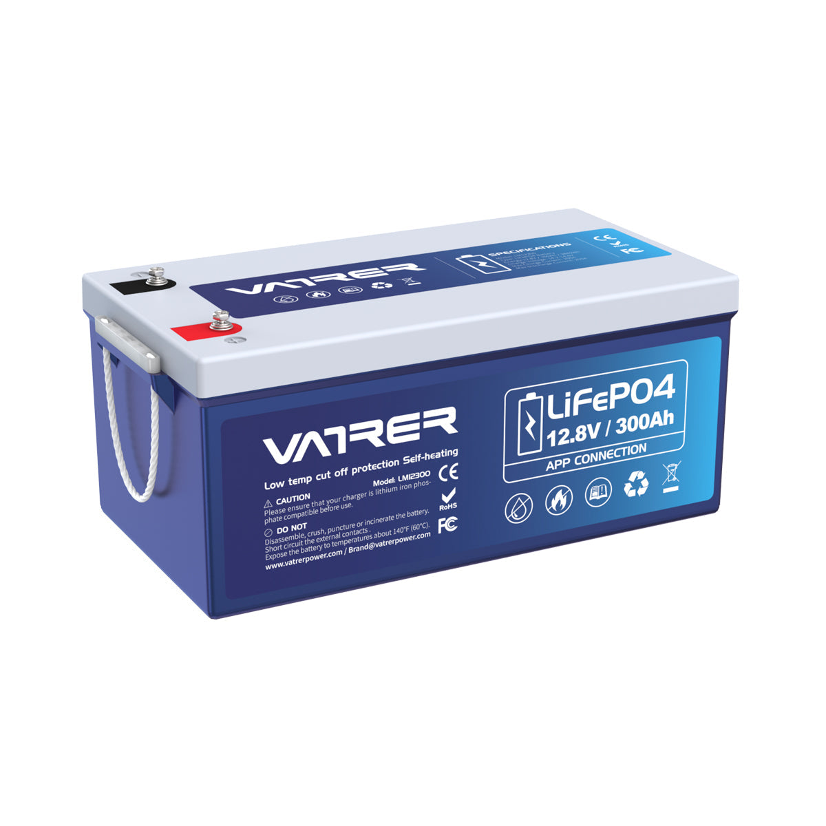 <tc>Vatrer</tc> 12 V 300 AH Bluetooth-LiFePO4-Lithiumbatterie mit Selbsterwärmung, 200 A BMS, unterstützt Laden bei niedriger Temperatur (-4 °F), 5000+ Zyklen, 2560 W Leistung