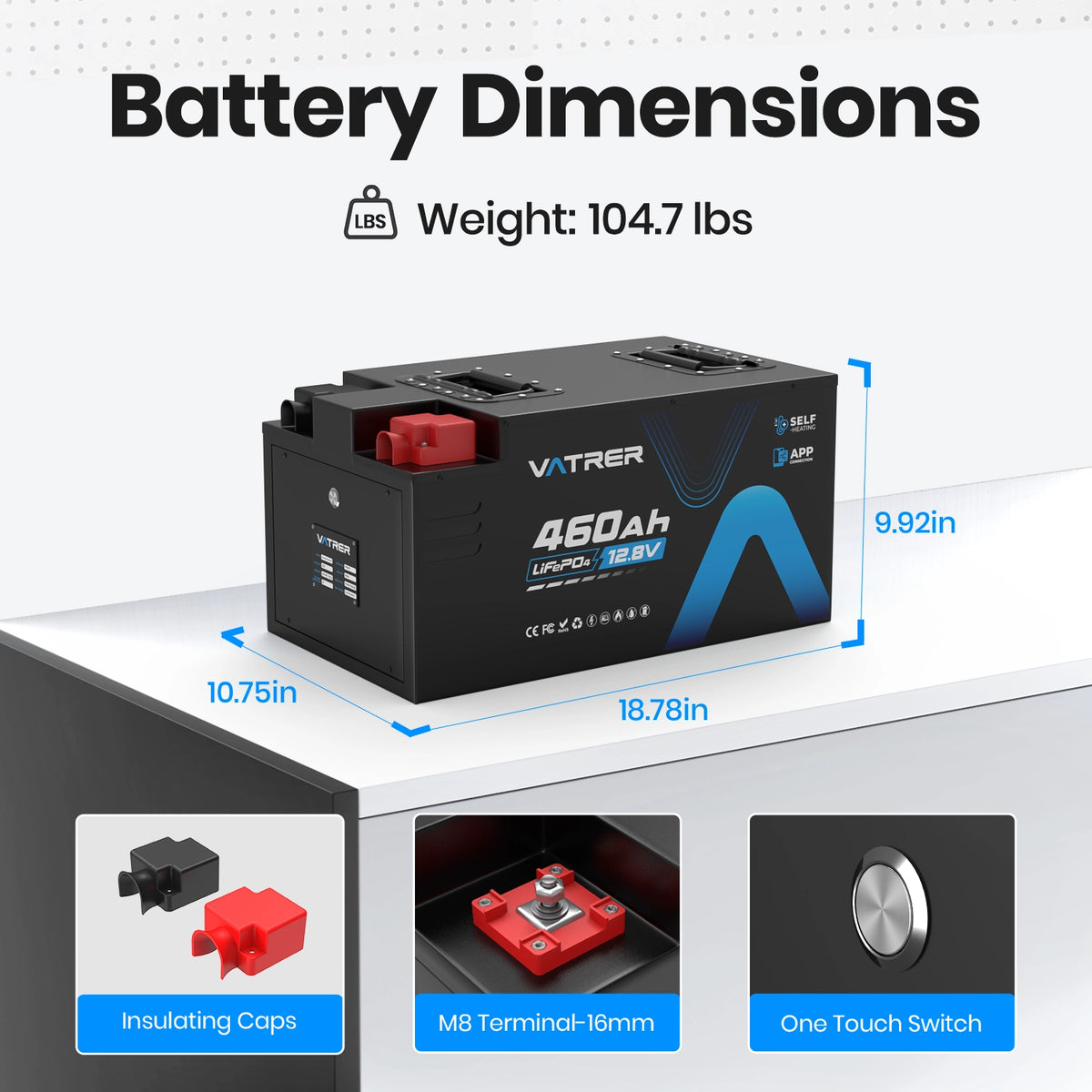 Vatrer 12V 460Ah Self-heating Lithium RV Battery, 5kWh 300A BMS RV Battery EU 11