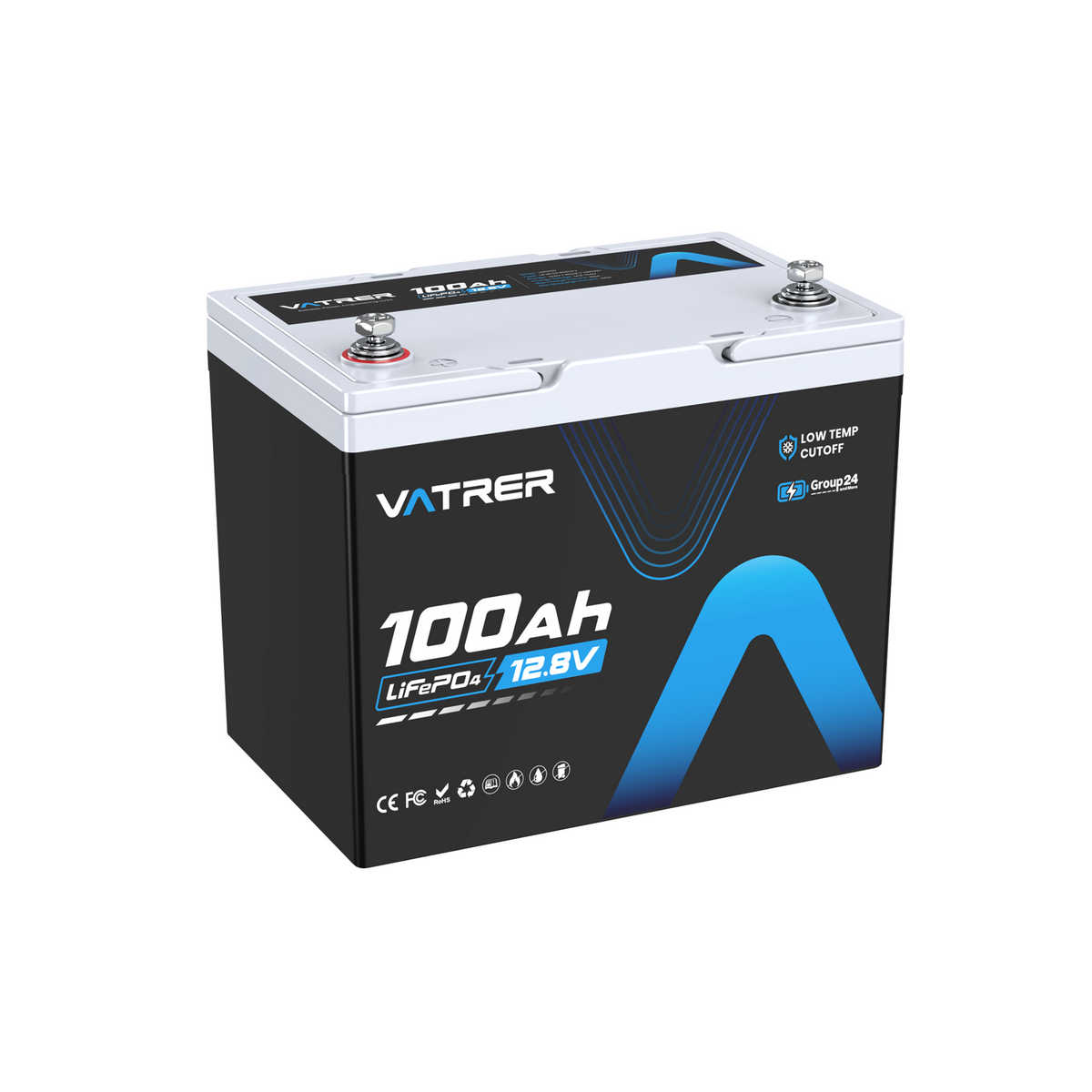 Vatrer 12V 100Ah Group 24 Lithium Battery, 100A BMS Low Temp LiFePO4 Battery 11