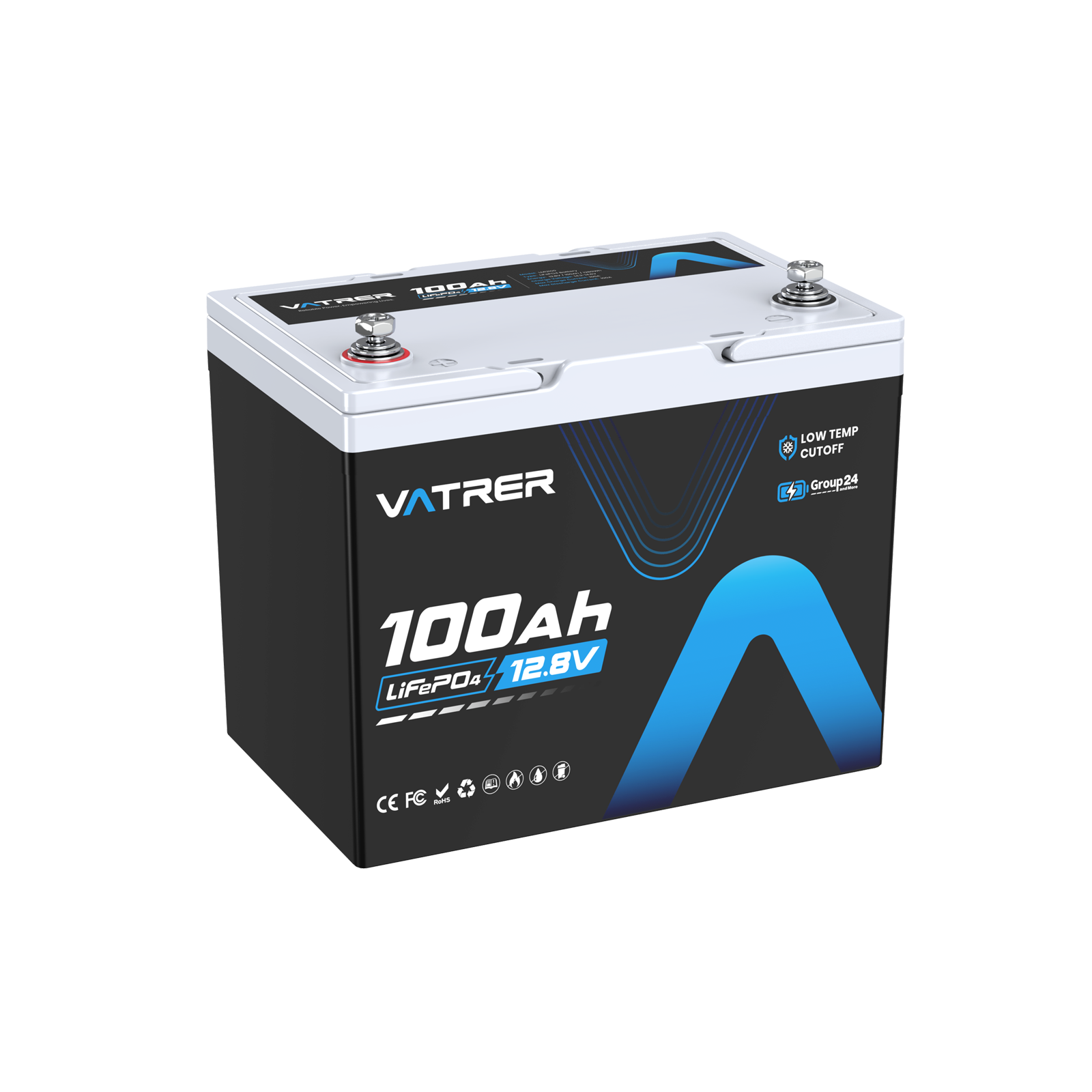 Vatrer 12V 100Ah Group 24 Lithium Battery, 100A BMS Low Temp LiFePO4 Battery 13