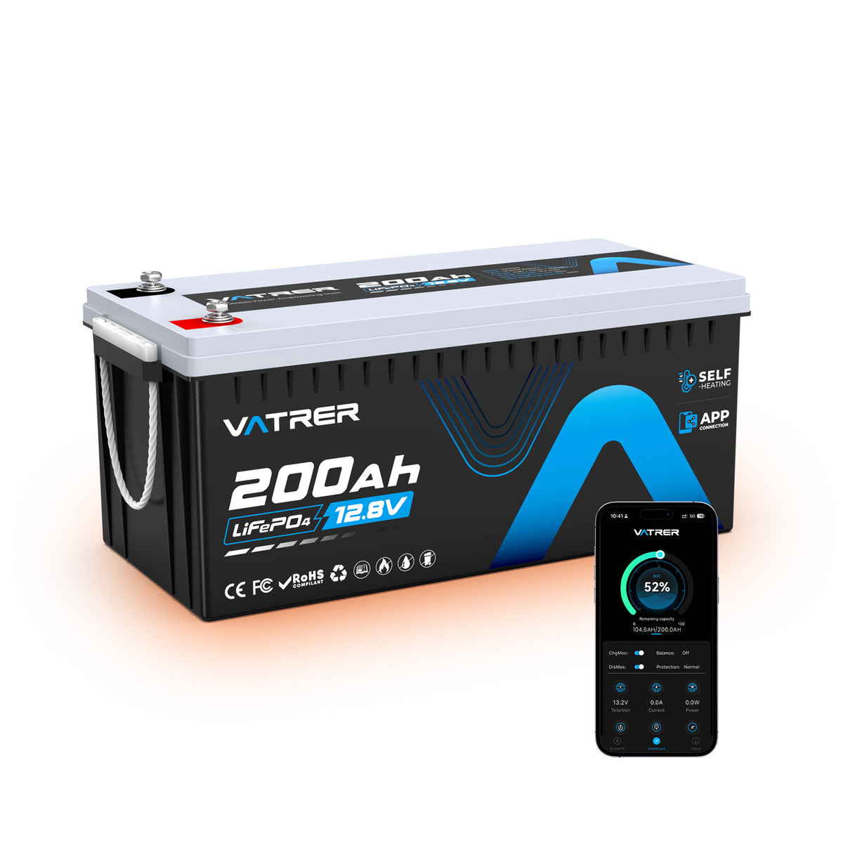 Vatrer 12V 200Ah 200A BMS Bluetooth LiFePO4 Lithium Self-Heated Battery 11