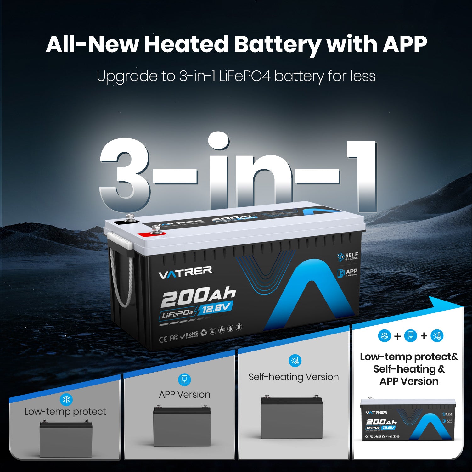 Vatrer 12V 200Ah 200A BMS Bluetooth LiFePO4 Lithium Self-Heated Battery 12