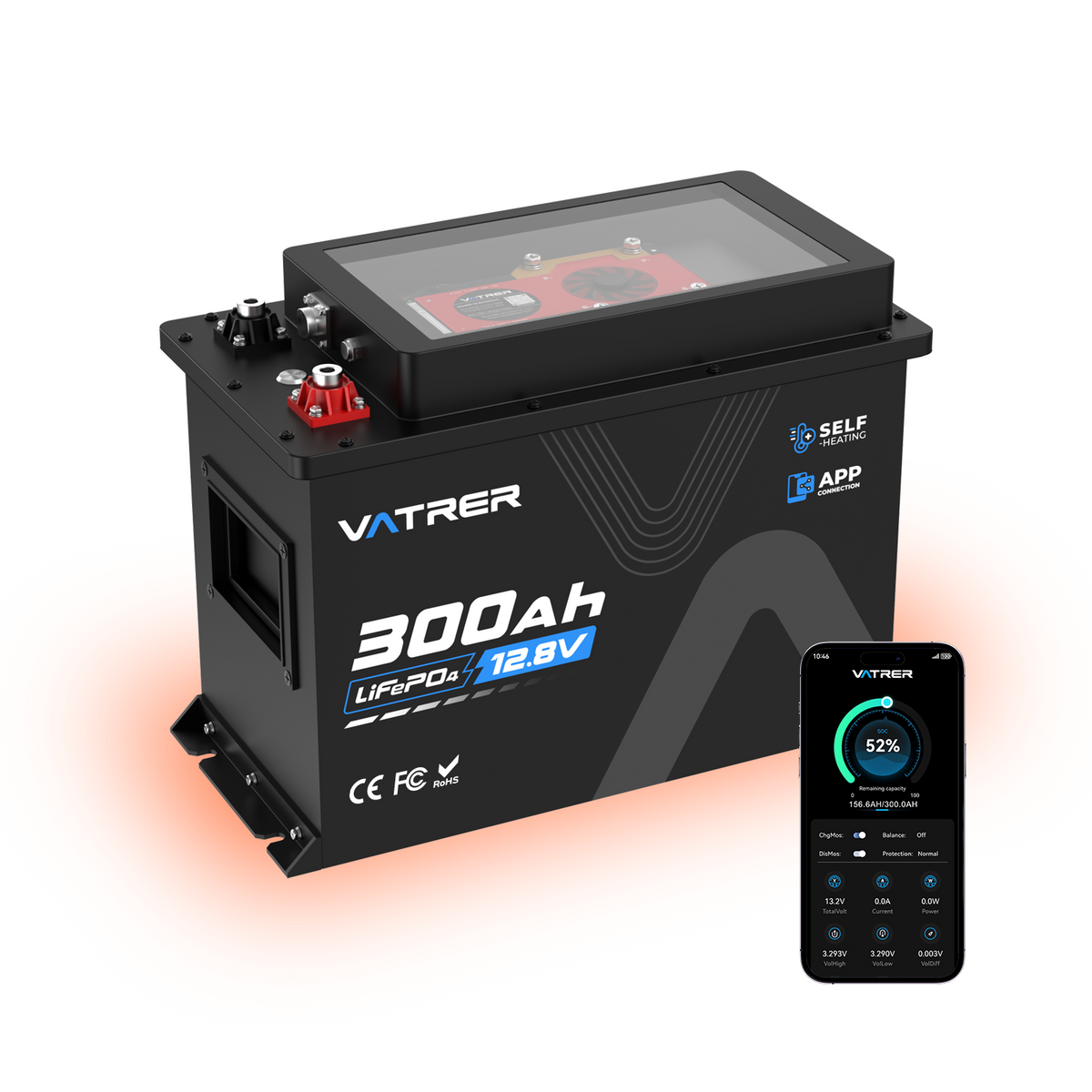 Vatrer 12V 300Ah RV Lithium Battery With Self-heating Function, 300A BMS with Metal Casing & Cooling Fan, 3kWh Deep Cycle Battery 11