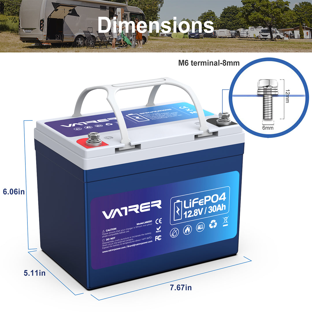 Vatrer 12V 30AH LiFePO4 Lithium Battery, Built-in 30A BMS, 5000+ Cycle -Vatrer