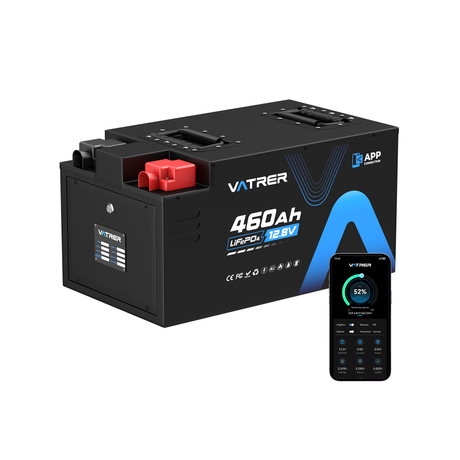 Vatler 12V 460AH 低温カットオフ LiFePO4 RV バッテリー、300A BMS 内蔵、最大 3840W 電力出力 - Bluetooth RV バージョン