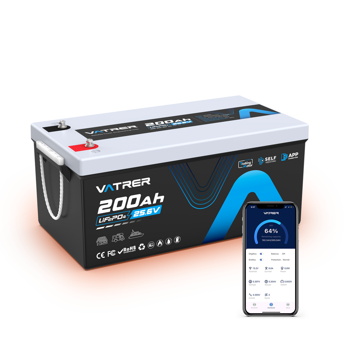 Vatrer 24V 200Ah Self-heating LiFePO4 Lithium Battery Bluetooth Version DE 11