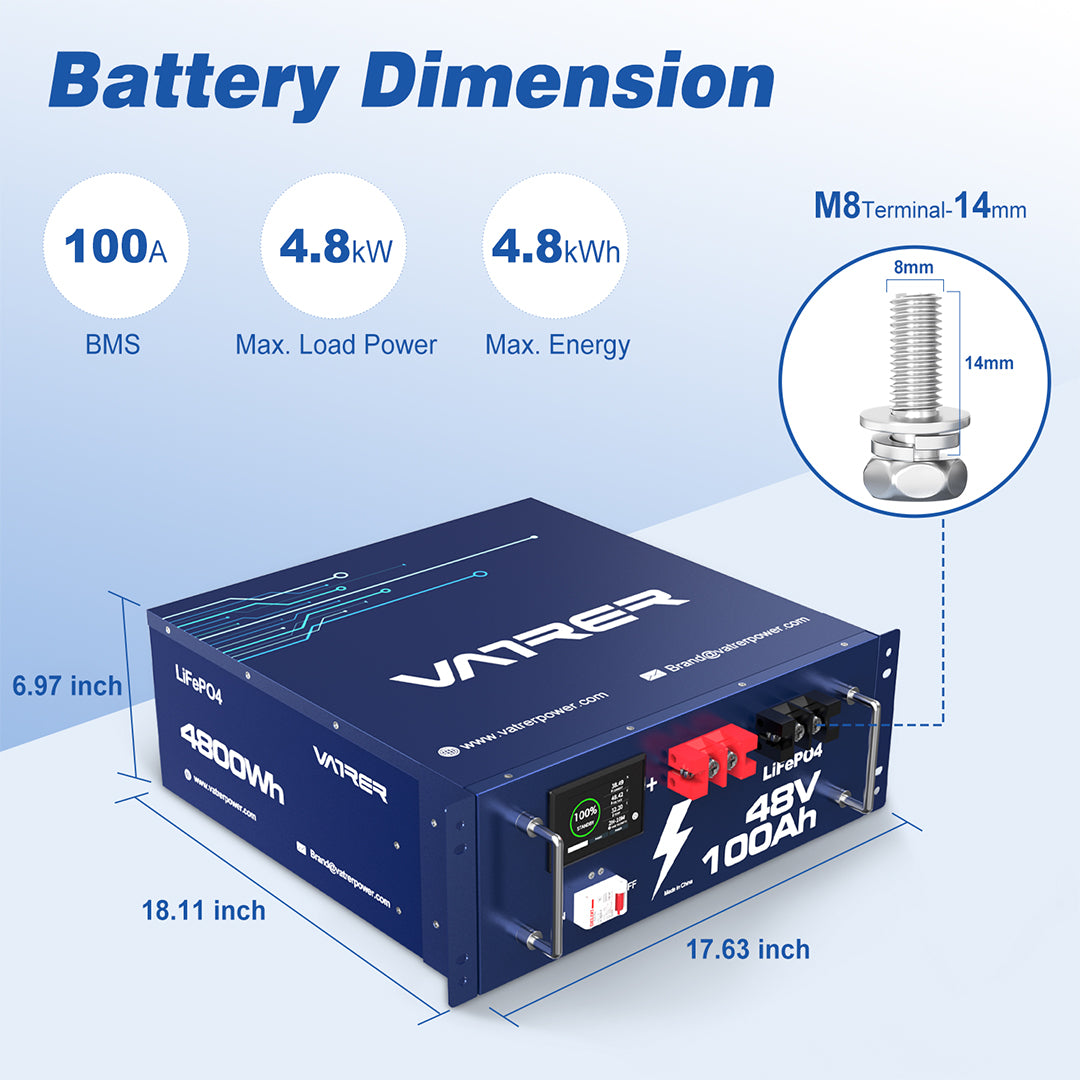 Batterie VATRER POWER 48V 100AH ​​Lithium LiFePO4, BMS 100A intégré, avec écran intelligent tactile et application mobile, max. Puissance de sortie de 4800 W, plus de 5000 cycles, parfait pour les applications du système solaire et hors réseau 10