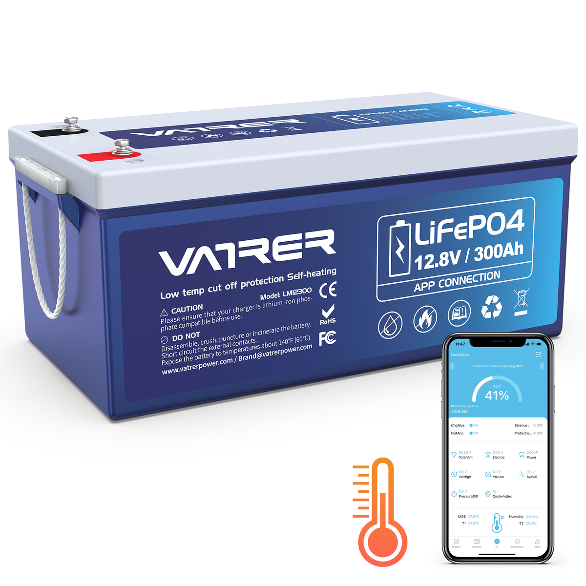 Vatrer 12V 300AH Bluetooth LiFePO4 Lithium Self-Heating Battery CA 11