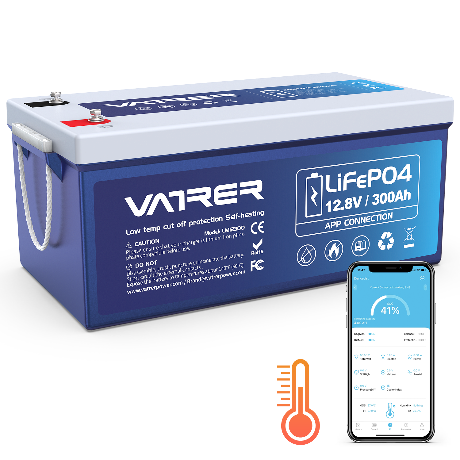 Vatrer 12V 300AH Bluetooth LiFePO4 Lithium Self-Heating Battery CA 12