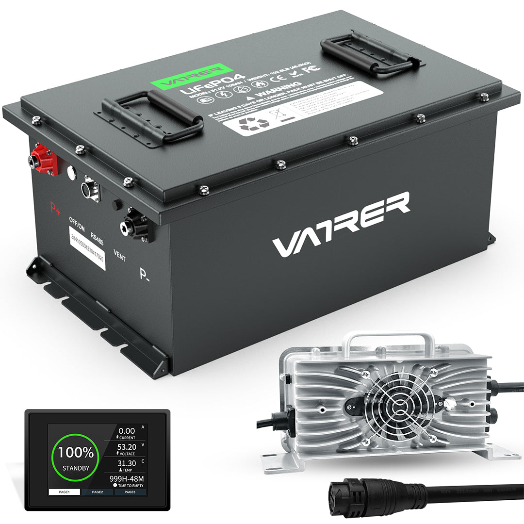 Vatler 48V 105AH LiFePO4 ゴルフカートバッテリー、内蔵 200A BMS、4000+ サイクル充電式リチウムバッテリー、最大  10.24kW 出力