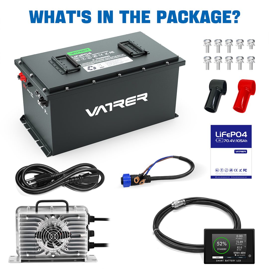 Vatrer 72V(70.4V) 105AH LiFePO4 Golf Cart Battery, Built-in 200A BMS, 4000+  Cycles Rechargeable Lithium Battery, Max 14.08kW Power Output