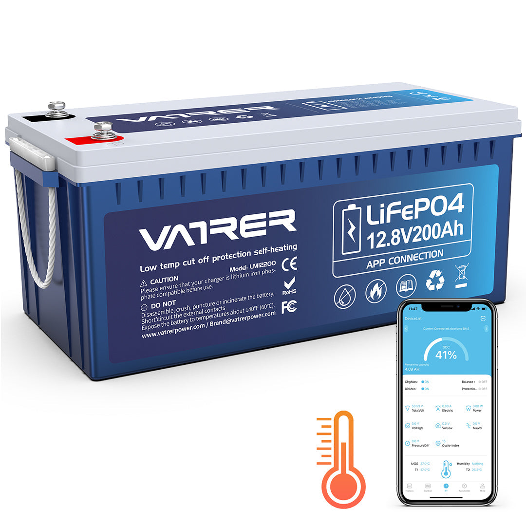 Vatler 12V 200Ah Bluetooth LiFePO4 リチウム電池、自己発熱、内蔵 200A BMS、低温カットオフ リチウム電池 10