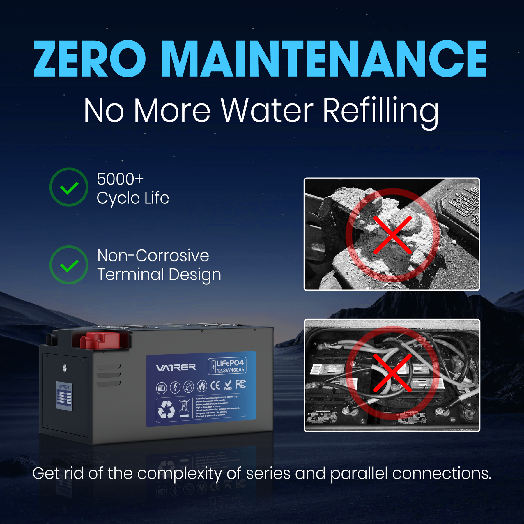 This RV lithium battery has a cycle life of over 5000, zero maintenance, and the terminals are not easily corroded. It does not require water injection and says goodbye to complicated series and parallel connections. 15