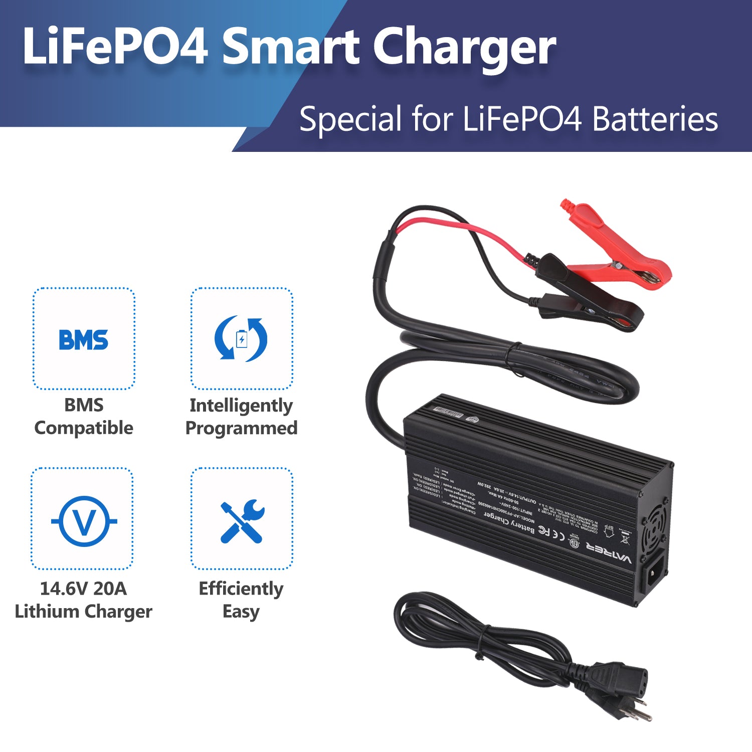 Chargeur de batterie AC-DC intelligent 14,6 V 20 A, chargeur de batterie LiFePO4 pour batterie lithium fer phosphate 12 V 12