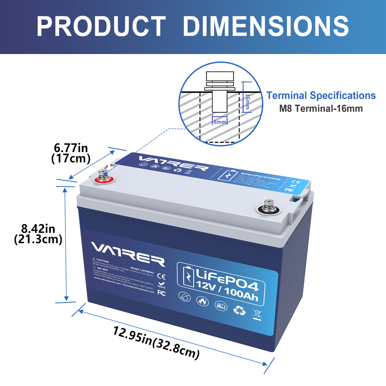 12V 100Ah Lithium Battery for RV, Solar Power and Marine-Vatrer