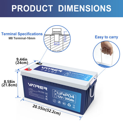 12V 200Ah LiFePO4 Deep Cycle Battery-Low Temp Cutoff-Vatrer